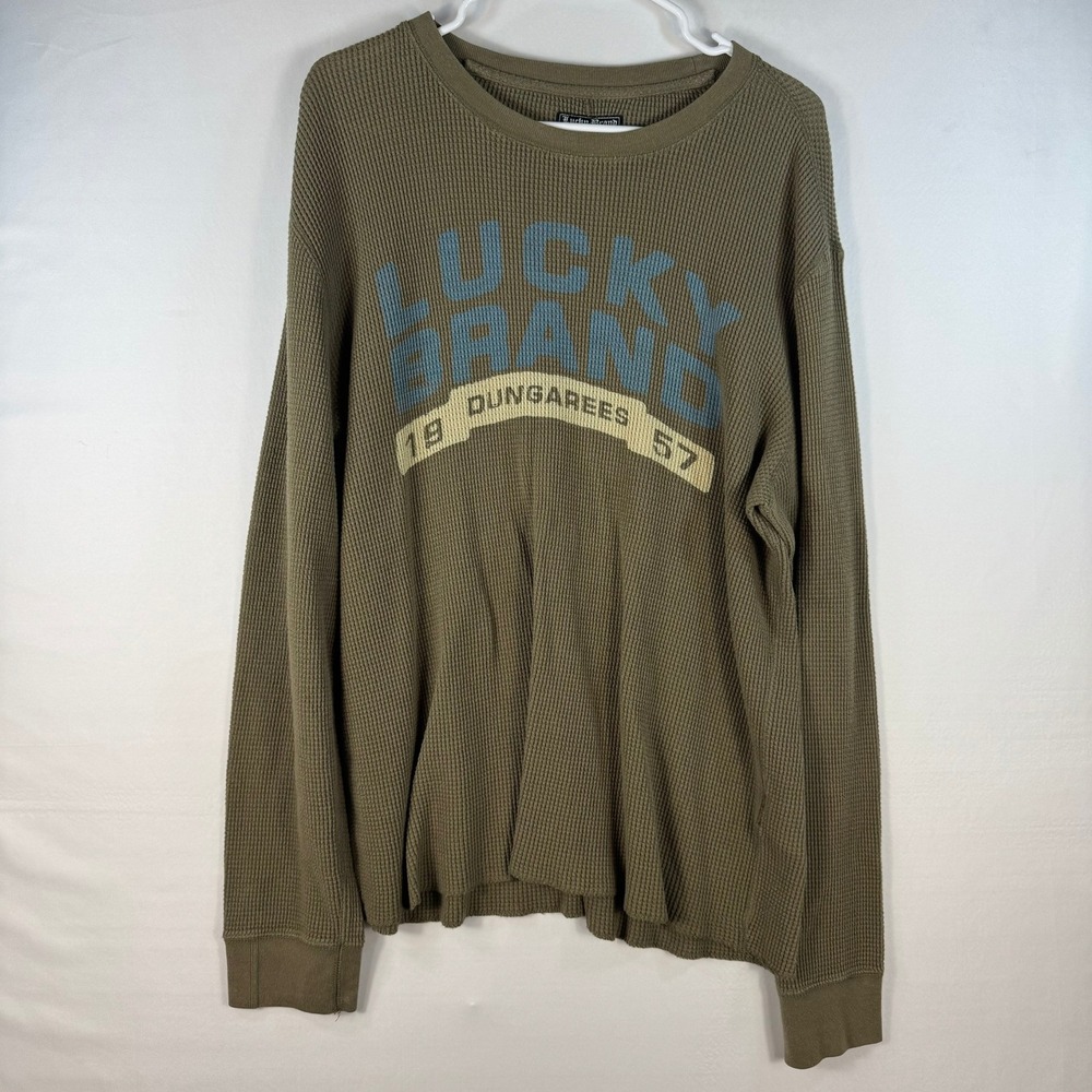 Lucky Brand Mens XL Olive Green Waffle Knit Thermal Long Sleeve Graphic Shirt